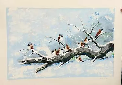 Max Karp Untitled (Birds On A Winter Branch) H/S Limited Serigraph Nature Art • $399