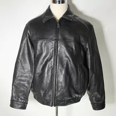Andrew Marc New York Black Heavy Leather Lined Moto Bomber Jacket Size L Large • $149.95