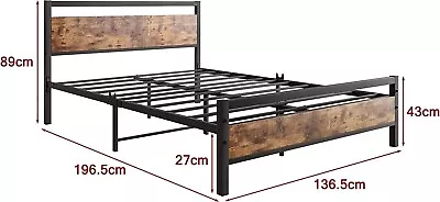 Hojinlinero Bed Frame Double Size Metal Frame Wood Effect Headboard Slats -CP • £49.99