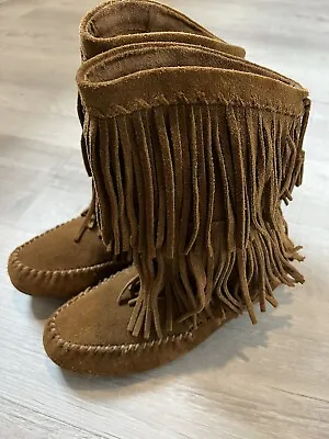 Women's Minnetonka Moccasins 3 Layer Fringe Mid Calf Boots  Brown Suede Size 9 • $25