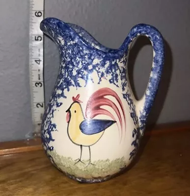 Molly Dallas Blue Spatterware Rooster Pitcher 5.5” Folk Art Pottery Signed USA • $18.50