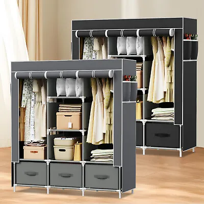 Triple Canvas Wardrobe With Hanging Rail Shelving Clothes Storage Cupboard 2024 • £33.99