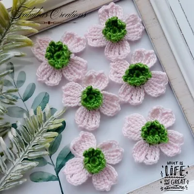 6 Handmade Crochet Dogwood Flowers Pink Applique Scrapbooking Sewing Art & Craft • £5.49