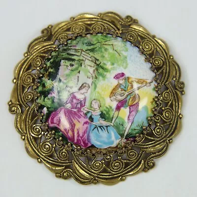 Vintage Signed West Germany Painted Romantic Scene Cameo Filigree Brooch Pin • $3.25