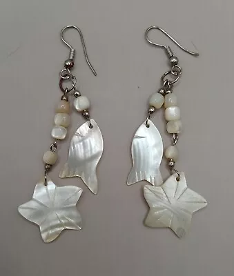 Vntg Mother Of Pearl Carved Stars & Fish Beaded Dangle Earrings Pierced Ears • $10.50