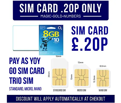 O2 Sim Card Pay As You Go 8GB Unlimited Mins SMS Standard Micro Nano BARGAIN 20P • £0.99