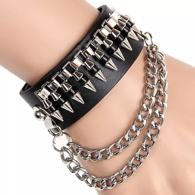 Men's Punk Rocker Biker Gothic Cool Wide Leather Straps Wristband Cuff Bracelet • $7.99