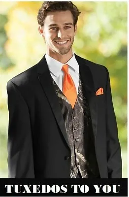  NEW Mossy Oak Camo Tuxedo Vest Blaze Orange Tie Hankie Real Pockets Free Button • $69.99