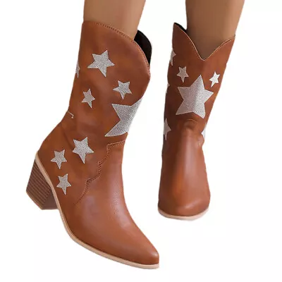 Ladies Embroidered Non-Slip Women's Western Boots Mid Calf Cowgirl Boots • $54.40