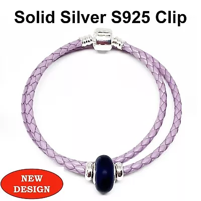 Double Leather Bracelet S925 Silver Clip Stoppers & Purple Murano Charm • £14.99