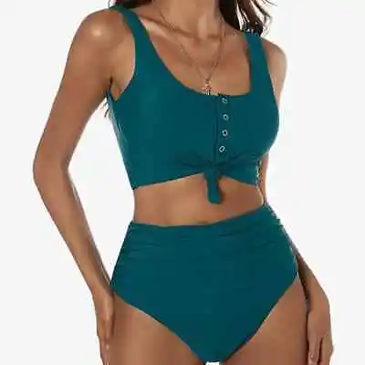 NEW Zaful High Waisted Ruched Scoop Neck Bikini Set 2XL Teal Blue NWT • £24.08