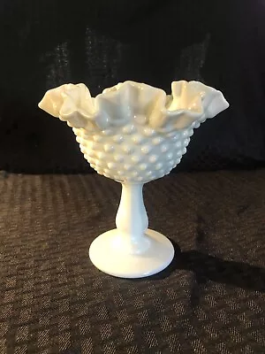 Fenton Pedestal Candy Dish Compote White Hobnail Milk Glass Ruffled Edge Vintage • $22.95