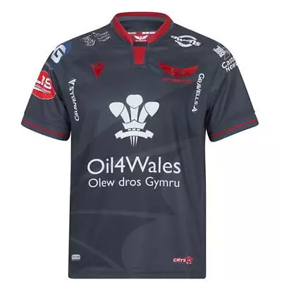 Macron Scarlets Kids Away Rugby Shirt Top Youth Children Infant Jersey Black • £54.99