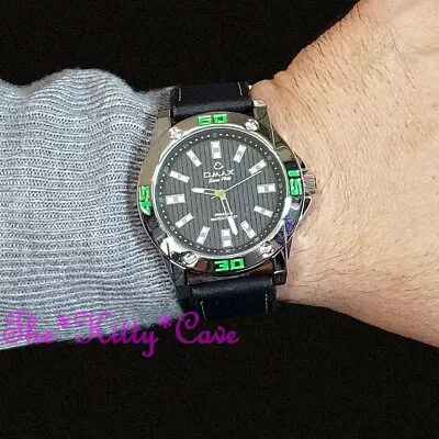 £25.99 • Buy OMAX Waterproof Chunky Silver, Green Swiss Seiko Movt Black Leather Watch OAS183