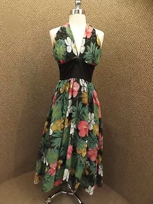 Effortless Vtg Tropical Floral Accordian Pleat Halter Layered Skirt Long Dress • $84.99