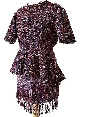 Zara Coord Set  Tweed Top M & Skirt Xs Multicoloured Purple Orange Fringe Peplum • £8.50