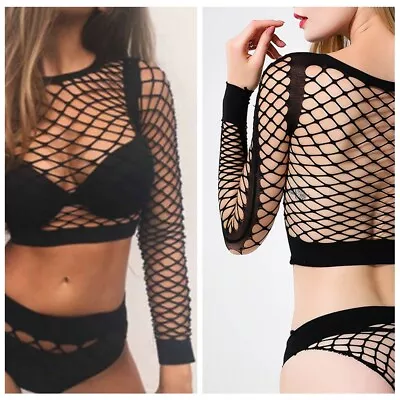 Women Black Long Sleeve Mesh Perspective Fishnet Crop Bodysuit Top + Panty • £6.17