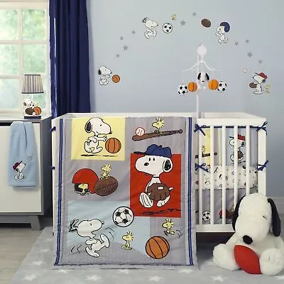 Bedtime Originals Snoopy Sports 3-Piece Crib Bedding Set - Blue Red Gray • $49.99