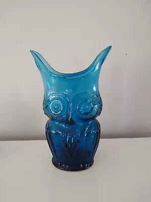 Vintage Rainbow Art Glass Viking Cobalt Blue Owl Vase Hand Blown • $190