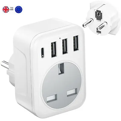 UK To European Plug Adapter Grounded Europe Travel Adapter With 3 USB + Type C • £10.15
