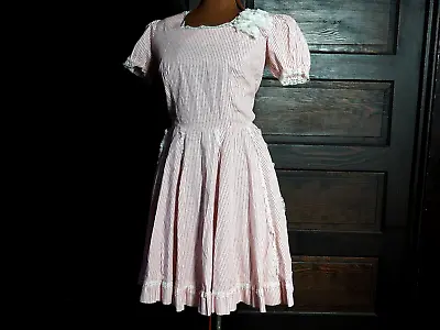 VTG 70s Square Dance Dress Co Red Pinstripe Puff Sleeve Lace Rockabilly Sz 12 • $49.95