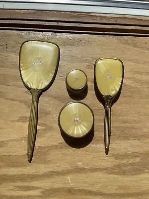 Vintage Gold Dresser Vanity Set Mirror Brush Face Cream & Lotion Jars 1938 VG • $25