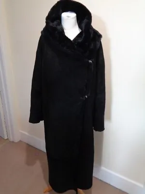 City Sheepskins London Black Long Suede And Sheepskin Hooded Coat - Size Small • £295