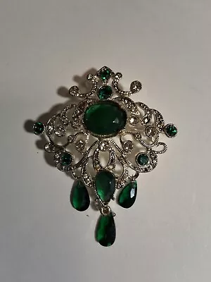 Vintage Monet Brooch Pin Silver Tone Green Rhinestone Signed • $14.50