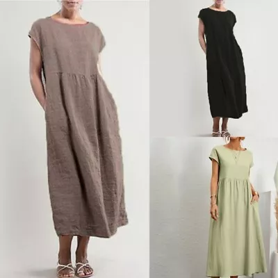 Womens Long Kaftan Dress Casual Loose Fit Sundress Summer Cotton Linen Dresses • $29.94