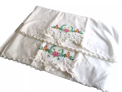 2 Vintage Hand Embroidered Crochet Lace Pillowcases Butterfly Garden King 21x34 • $17.50