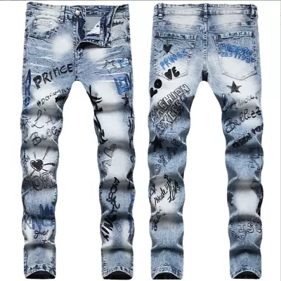 Men's Trendy Doodles Pattern Ripped Jeans Distressed Punk Men's Denim Pants US • $39.98