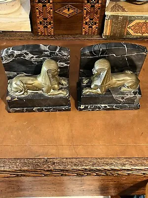 Stunning Pair Of Egyptian Revival Bronze Sphinx Antique Bookends On Marble Base • $599.99