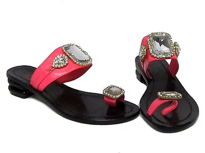 MISS TRISH OF CAPRI Mestiço Neon Pink Black Rhinestone Toe Leather Sandals 37 6  • $24.99