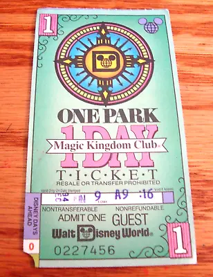 Vintage 1994 Walt Disney World Magic Kingdom Club 1 Day Park Ticket - Used Stub • $4.99