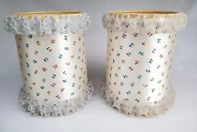 Vintage MCM Small Drum Lamp Shade Satin & Lace White Pink Blue Floral Clip-On 9  • $29