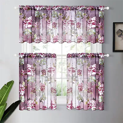 £6.99 • Buy Floral Kitchen Window Curtains Bedroom Purple Sheer Tulle Curtain Top Rod Pocket