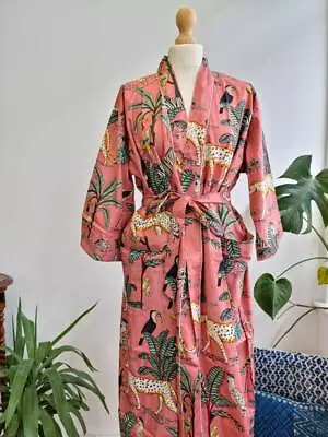 $38.80 • Buy Indian Floral Women's Peach Tiger Print Kimono Cotton Bath Robes Maxi Night Gown