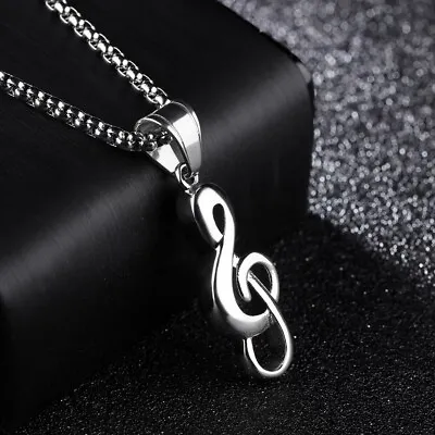 Silver Treble G Clef Music Note Pendant Necklace Stainless Steel Chain 24  • $11.99