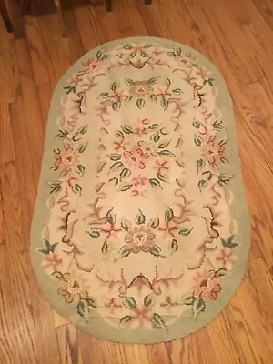 Vintage Japan 60s Hand Hooked Throw Rug Oval Green Ivory Floral Roses 46” X 27” • $189.99