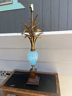 1960s Vintage Murano Sky Blue Glass And Gilt Metal Wheat Tole Table Lamp • $300