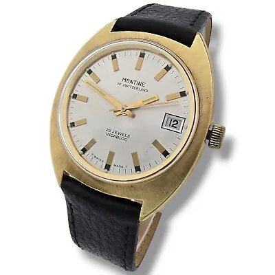 Montine Of Switzerland Automatic Watch Black Leather Strap Gold Plate Case • $87.11