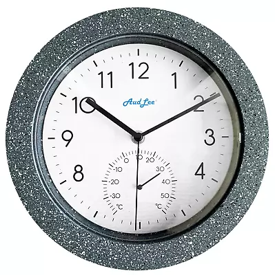 25cm Indoor/Outdoor Faux Concrete Finish Waterproof Wall Clock With Thermometer • £17.99