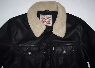 NWT Levi's BLACK Faux Leather SHERPA COLLAR Trucker Jacket Men's L RED TAB • $69.99