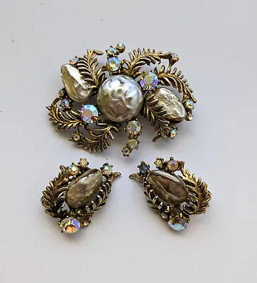 Vintage HAR Baroque Pearl & AB Rhinestone Gold Tone Fern Brooch & Earring Set • $150