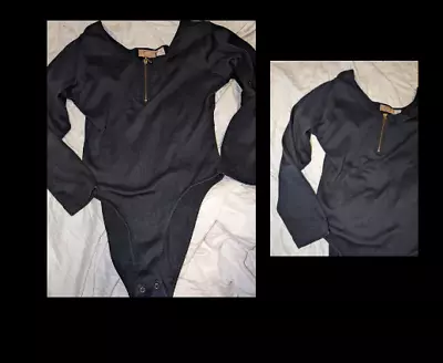 Vintage 80s CRISTINA Black Zipper Bodysuit Top Womens Siz M W/ Snaps • $15.28