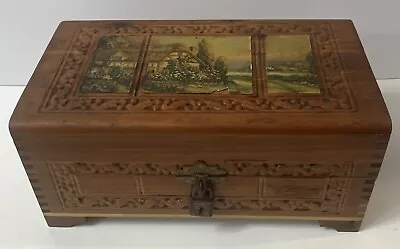 Vintage Engraved Wooden Jewelry Box W/ Mirror — Cottage Mountain Country Scene • $22