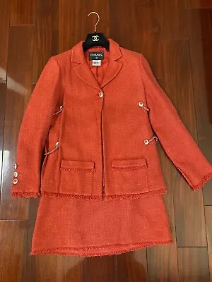 Chanel Orange Side Chain Tweed Suit Jacket & Skirt Size 42 • $1599