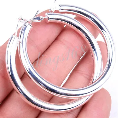 925 Sterling Silver Classic Round Hoop Earrings 1  1.5  2  2.5  3  3.5 Many Size • $19.99