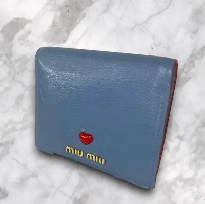 MIU MIU Madras Love Letter Bifold Heart Leather Wallet  Blue Red From Japan • $158