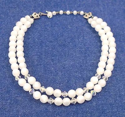 Vintage Opalescent White Sparkly AB Glass Bicone Beaded 2-strand Necklace 15-17  • $13.95